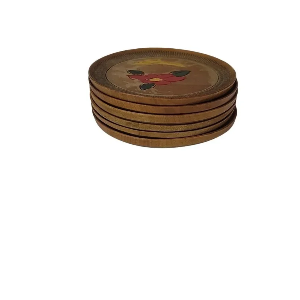 Vintage 20th Century Japanese Hand Carved Box and 6 Coaster‎ Set Floral Flowers